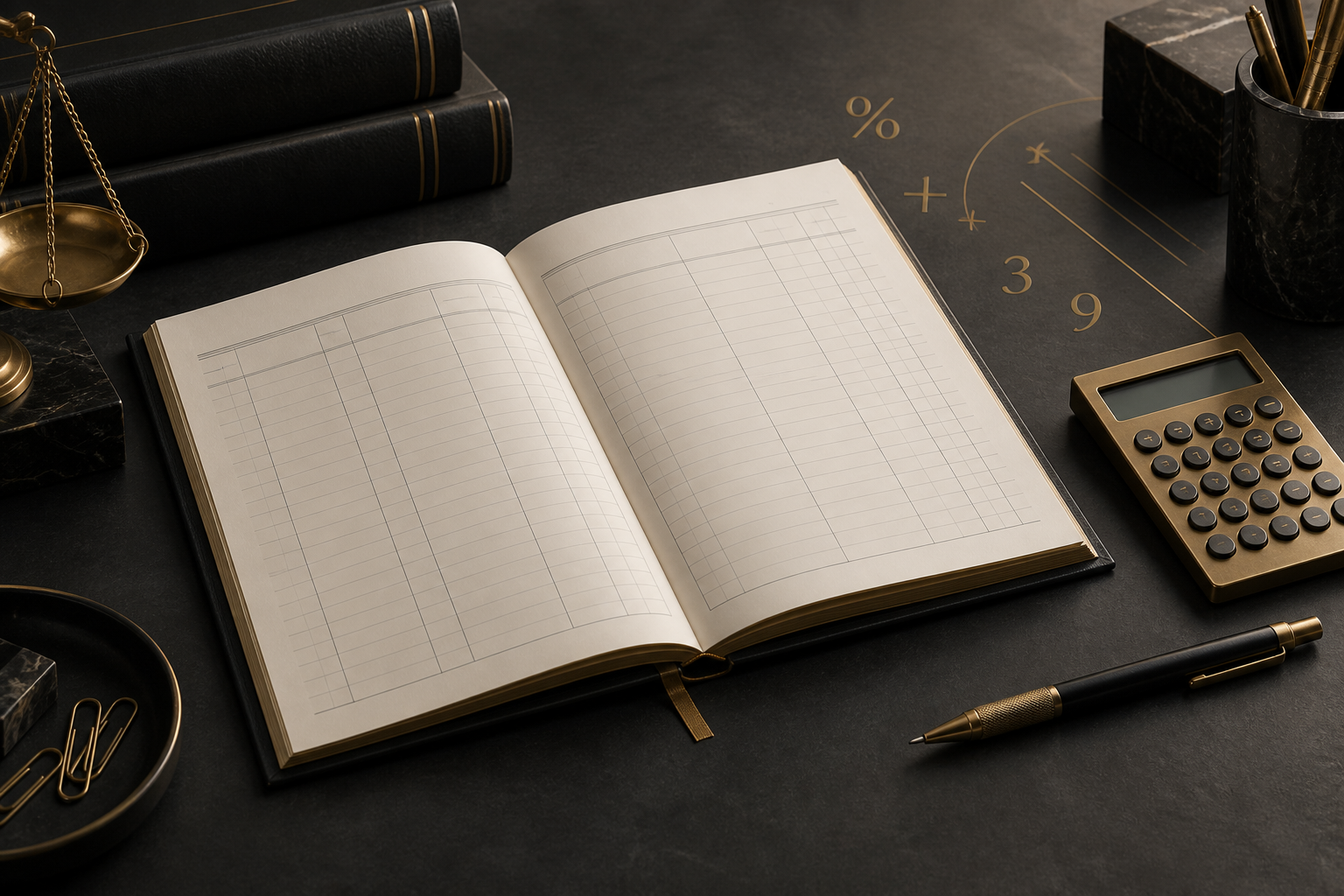 Ilustração de uma calculadora e registros de cálculos em tons grafite e dourado